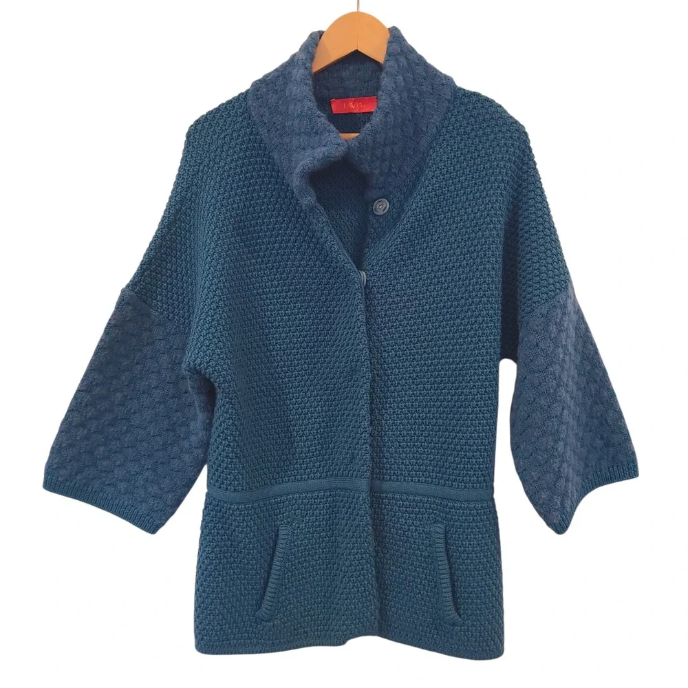 LAVIA 18 Piazza Sempione Teal Blue Wool Blend Textured Knit Cardigan Italy Large